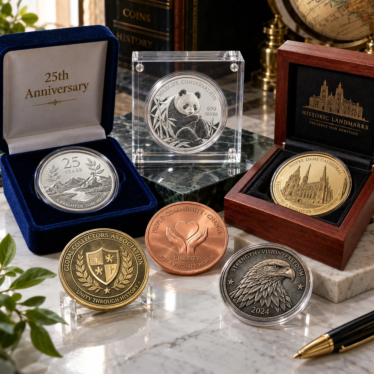 A selection of silver, copper and gold-toned commemorative coins with presentation boxes and display stands