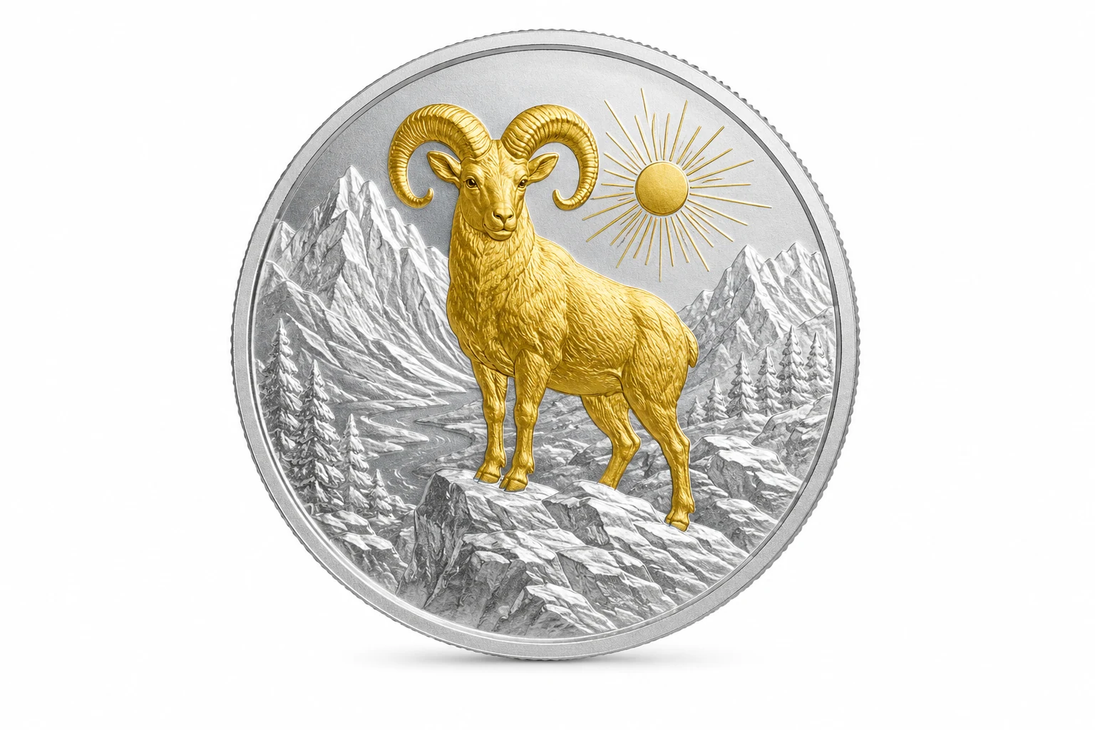 Silver-toned commemorative coin with a gold-toned ram and mountain relief