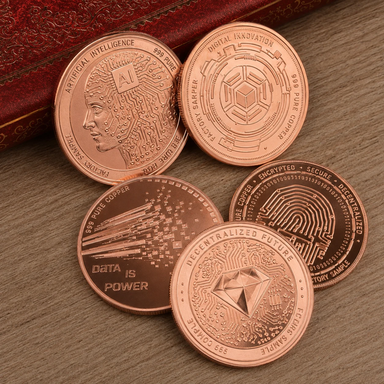 Copper-toned commemorative coins with technology, circuit, fingerprint and geometric relief designs on a wooden surface