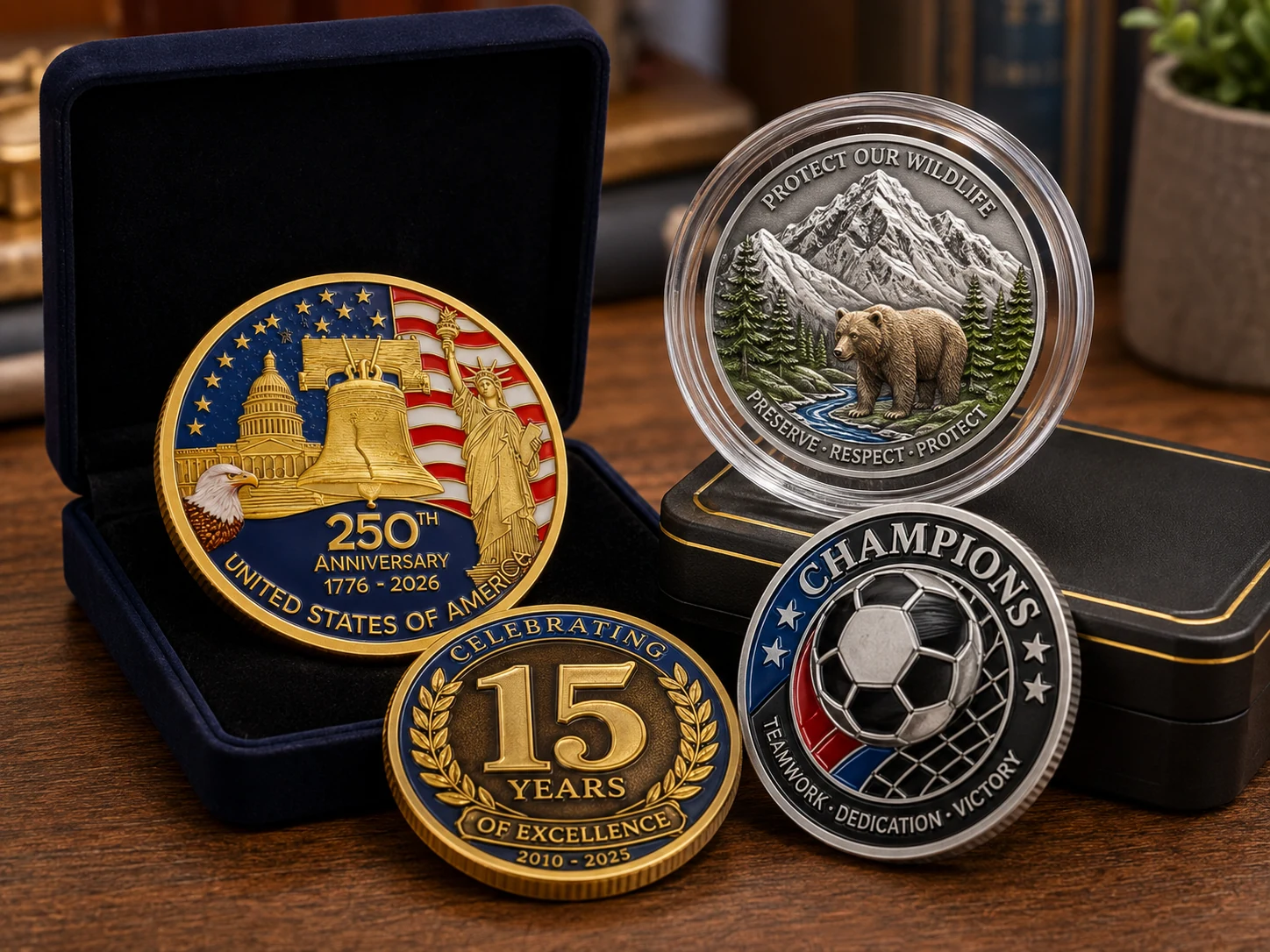Commemorative coin design concepts featuring an anniversary, wildlife, a business milestone and football, displayed with presentation packaging