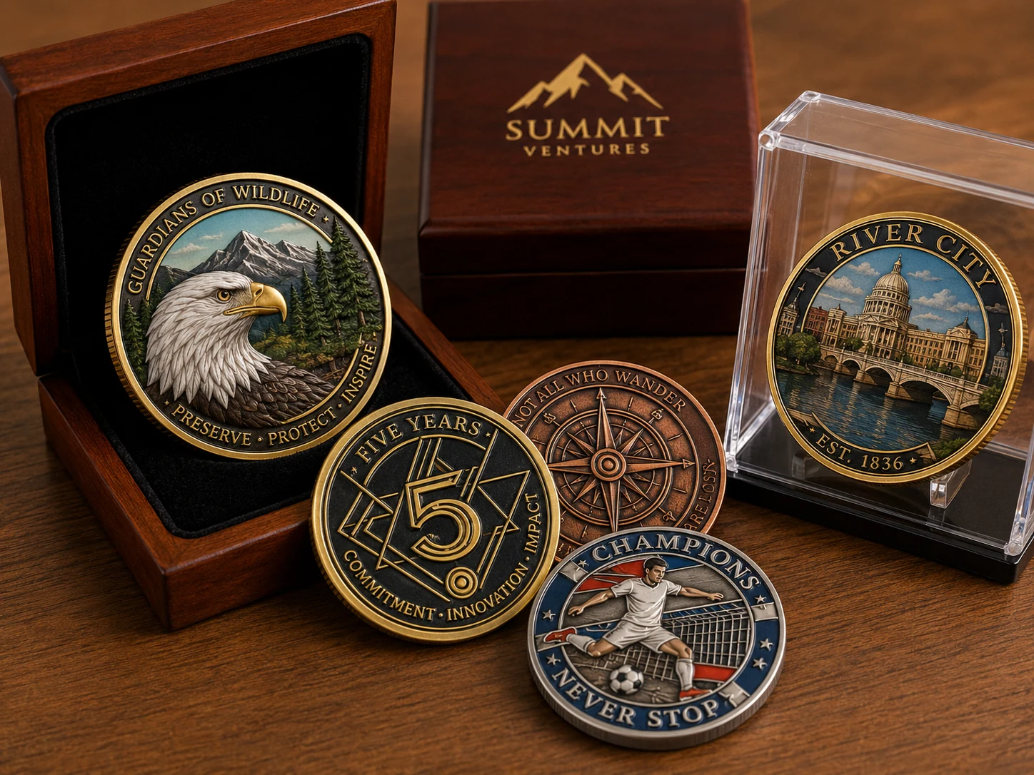 Custom commemorative coins with eagle, anniversary, compass, city and football designs, displayed with wood and acrylic presentation cases