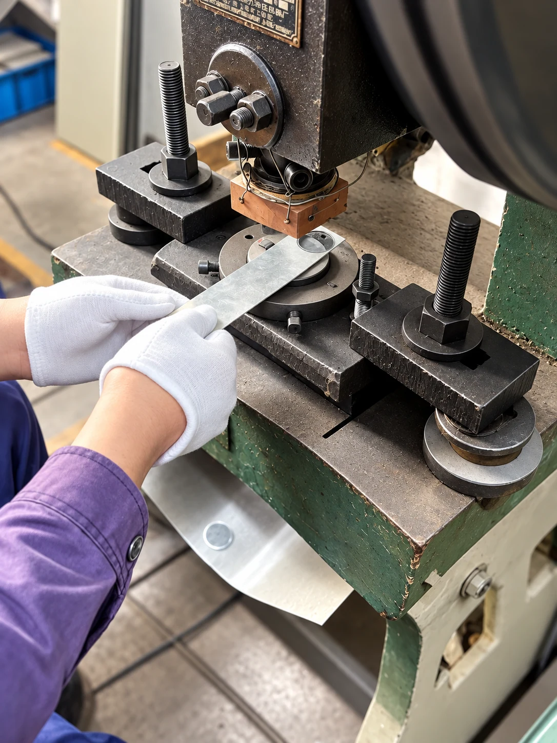 A metal strip positioned in a press for cutting round coin blanks