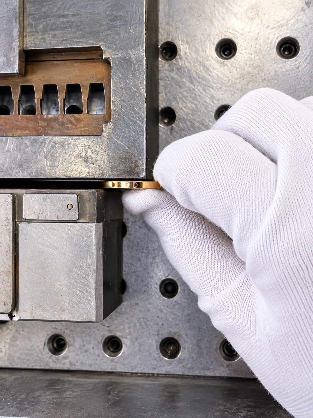 A gloved operator positioning a coin for laser engraving on its edge