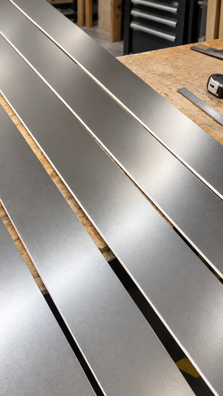 Metal strips arranged on a workshop bench before blanking