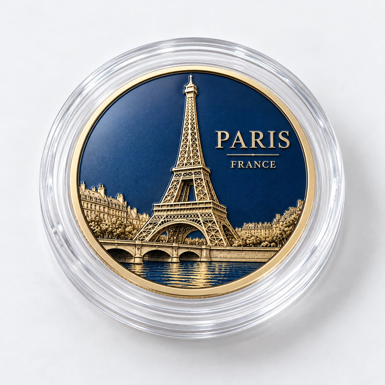 Paris commemorative coin presented in a clear acrylic capsule