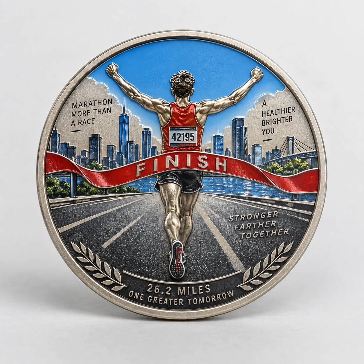 Colorful marathon finisher award coin with a runner and city skyline
