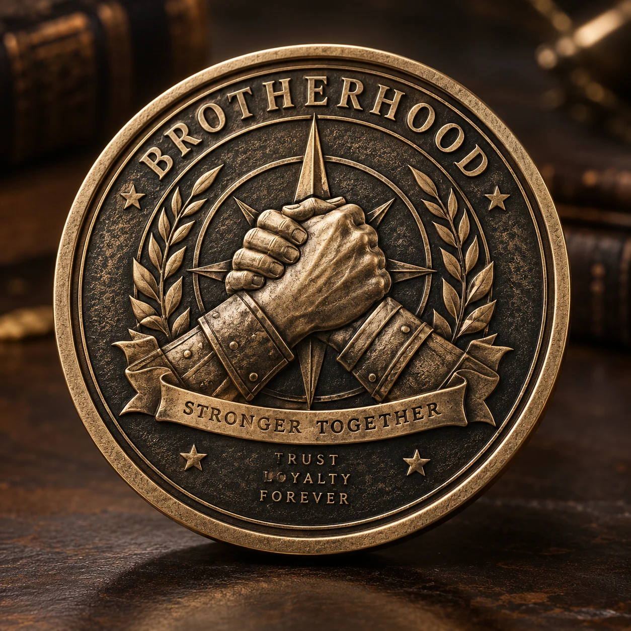 Antique-finish challenge coin featuring clasped hands and a compass motif