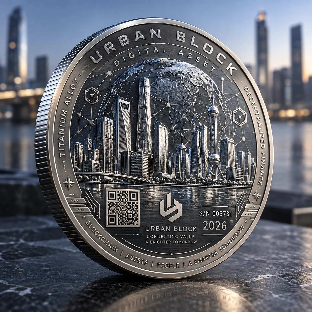 Physical cryptocurrency-themed coin featuring a skyline, globe and QR-code design