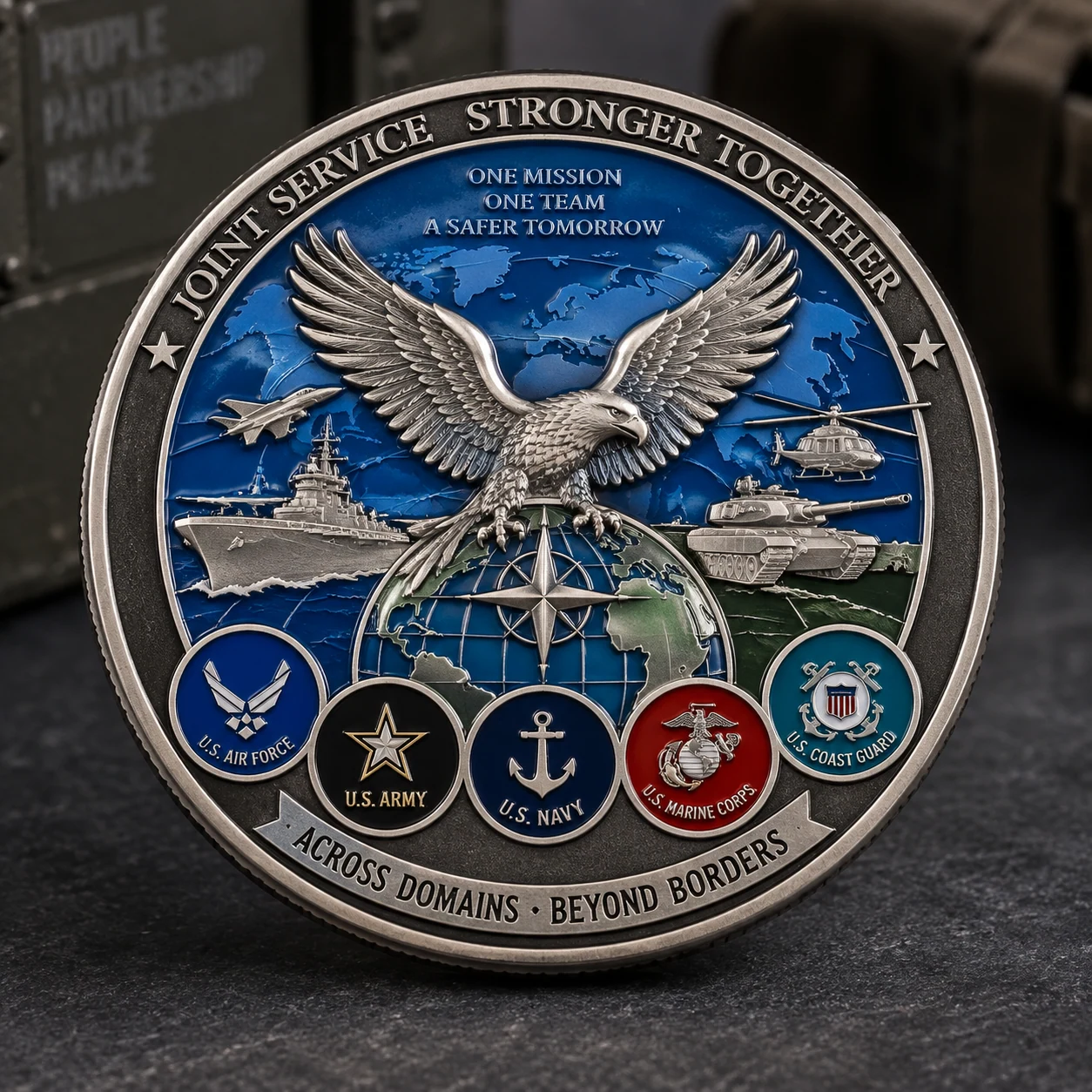 Military-themed coin with an eagle, blue enamel and service emblems