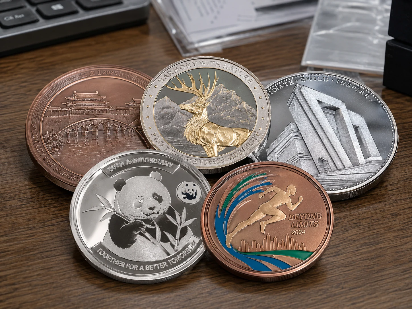 Commemorative coins with silver-toned, copper-toned, gold-toned and colored relief details on a wooden surface